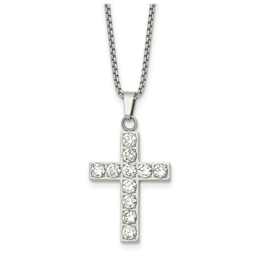 Stainless Steel Polished Cubic Zirconia Cross 18in with 2in ext. Necklace – Elegant Jewelry Gift for Birthday, Anniversary, Engagement, Wedding