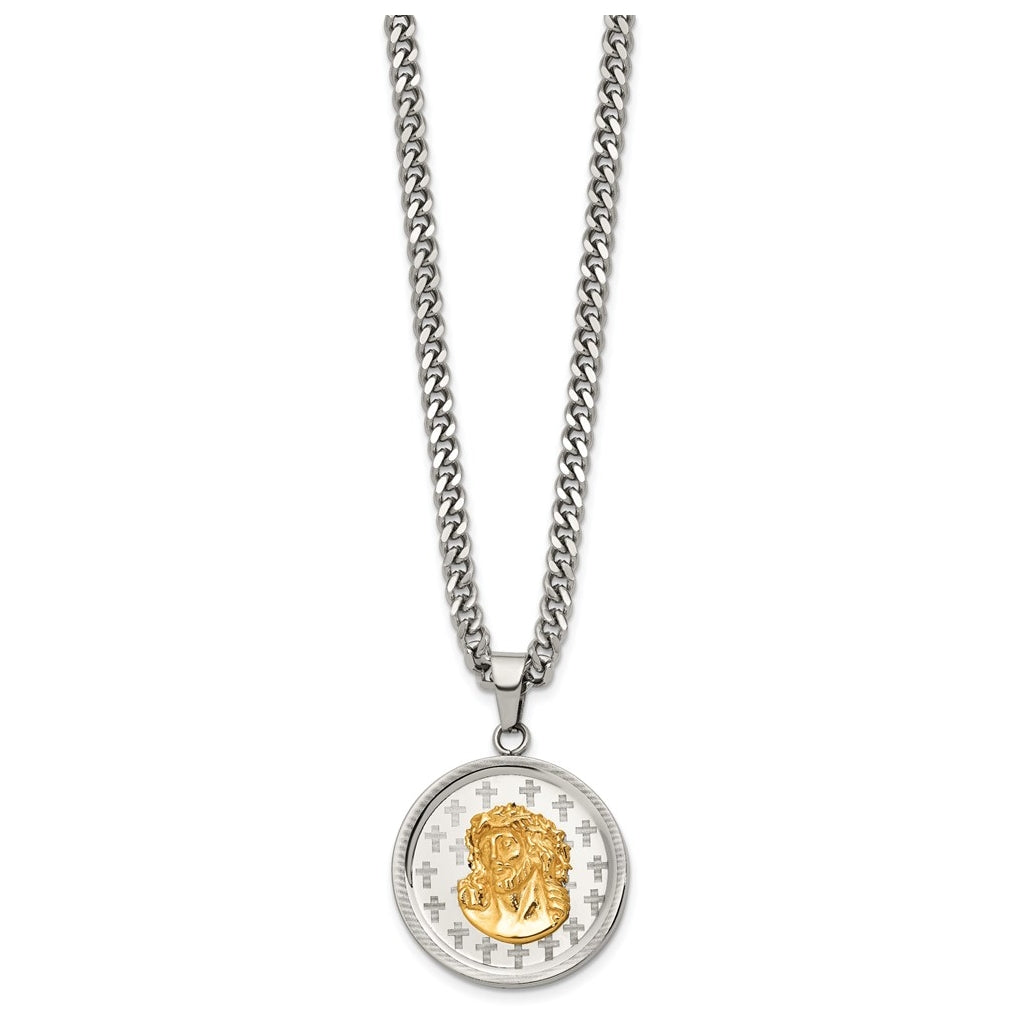 Stainless Steel Polished Yellow IP Jesus on Disc 24in with 2in ext. Necklace – Elegant Jewelry Gift for Birthday, Anniversary, Engagement, Wedding