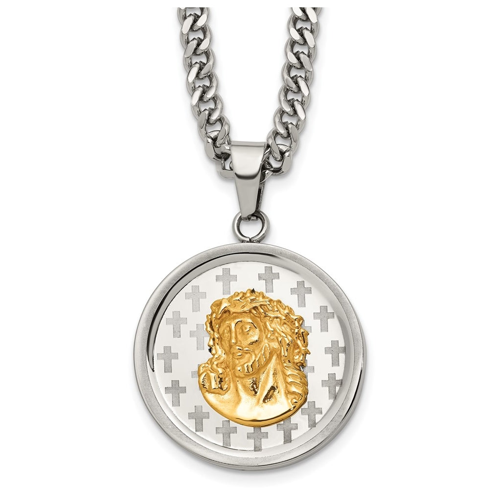 Stainless Steel Polished Yellow IP Jesus on Disc 24in with 2in ext. Necklace – Elegant Jewelry Gift for Birthday, Anniversary, Engagement, Wedding
