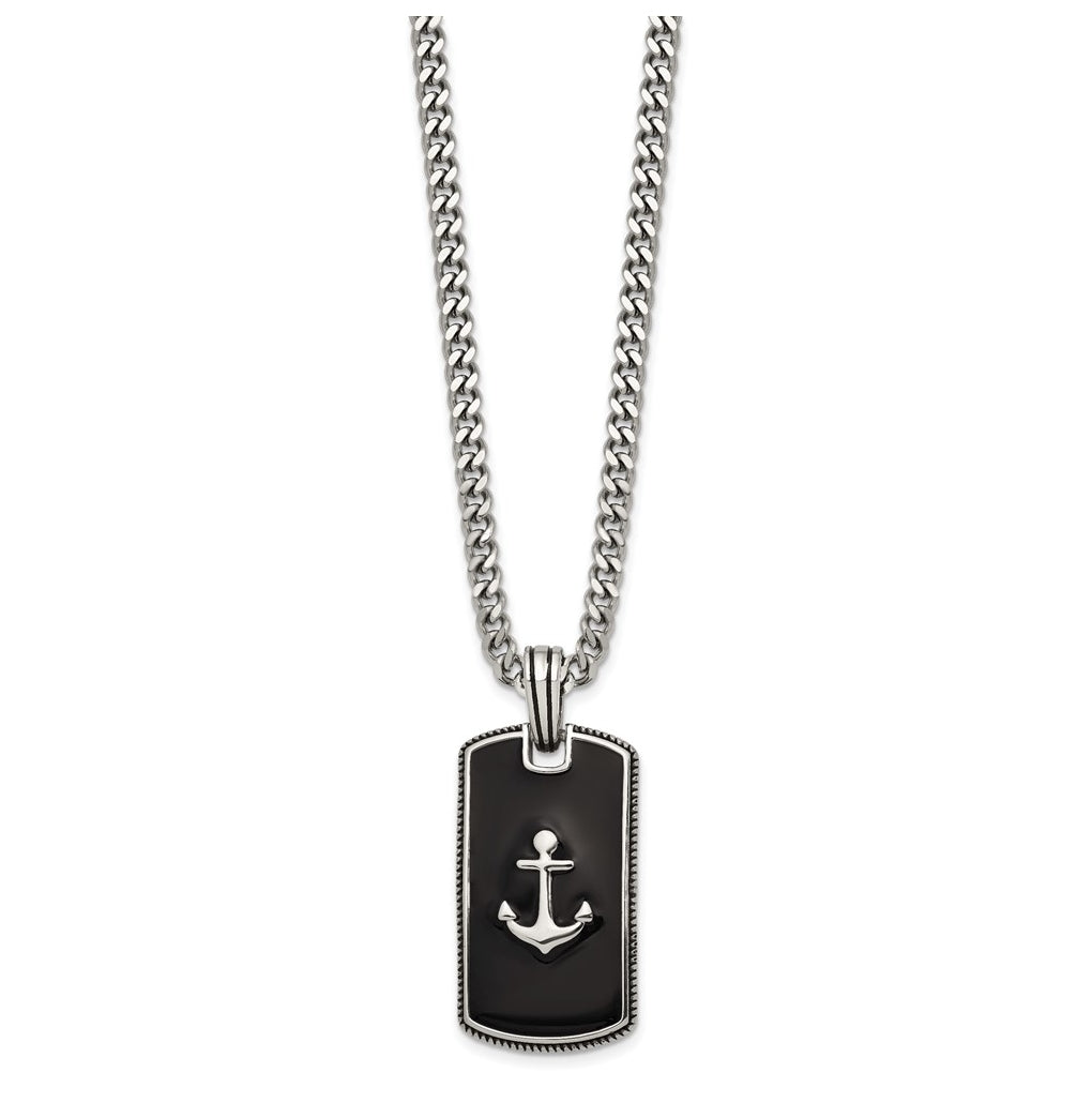 Stainless Steel Polished with Blk Enamel Anchor DogTag 24in with 2in ext. Necklace – Elegant Jewelry Gift for Birthday, Anniversary, Engagement, Wedding