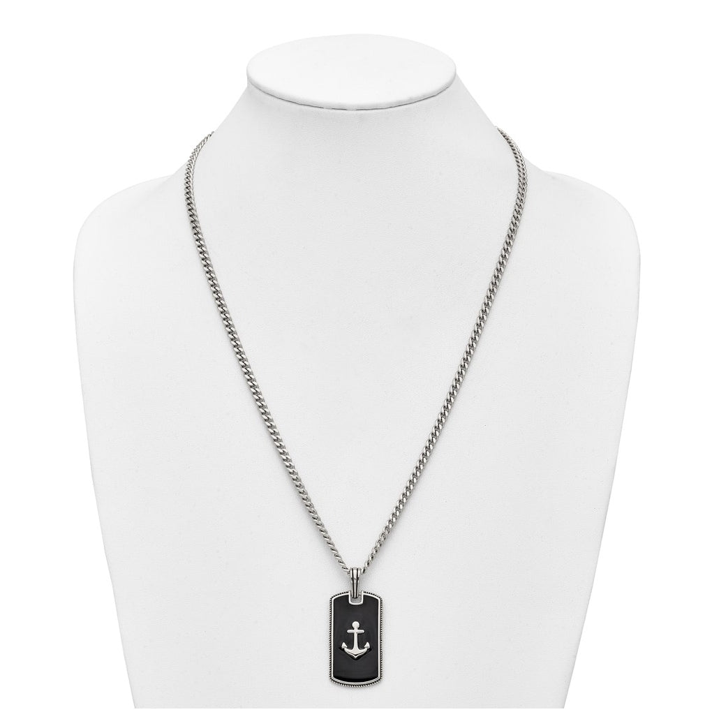 Stainless Steel Polished with Blk Enamel Anchor DogTag 24in with 2in ext. Necklace – Elegant Jewelry Gift for Birthday, Anniversary, Engagement, Wedding