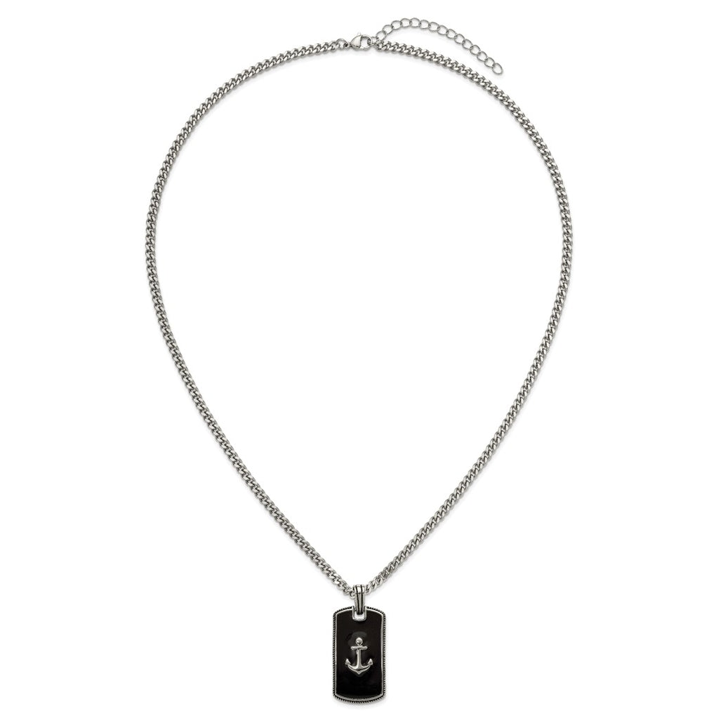 Stainless Steel Polished with Blk Enamel Anchor DogTag 24in with 2in ext. Necklace – Elegant Jewelry Gift for Birthday, Anniversary, Engagement, Wedding