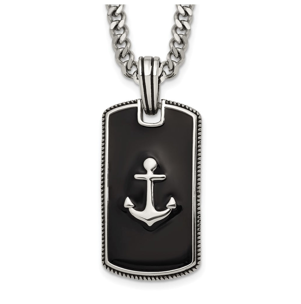 Stainless Steel Polished with Blk Enamel Anchor DogTag 24in with 2in ext. Necklace – Elegant Jewelry Gift for Birthday, Anniversary, Engagement, Wedding