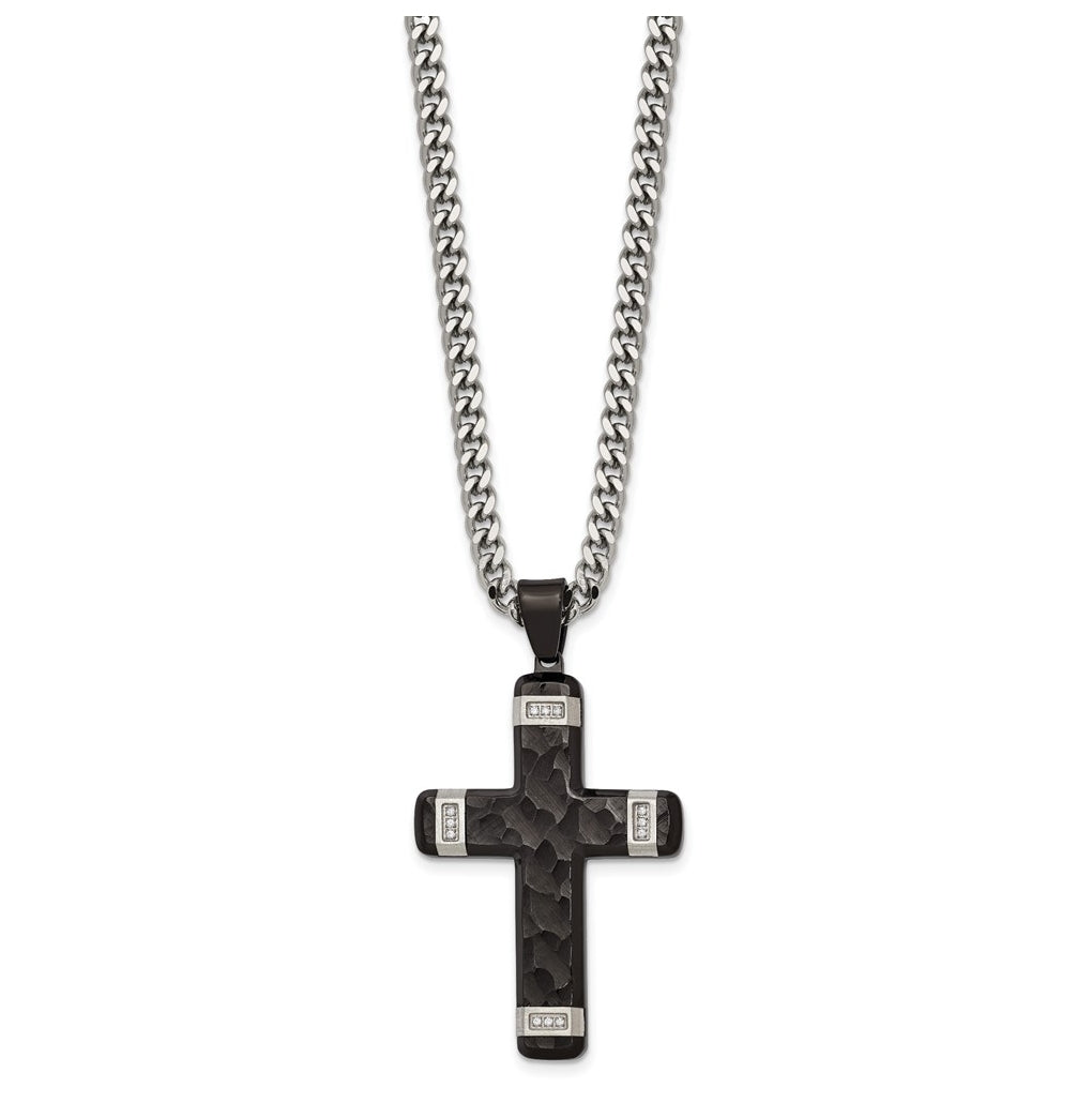 Stainless Steel Polished Hammered Black IP Cubic Zirconia Cross with 2.5in ext. Necklace – Elegant Jewelry Gift for Birthday, Anniversary, Engagement, Wedding