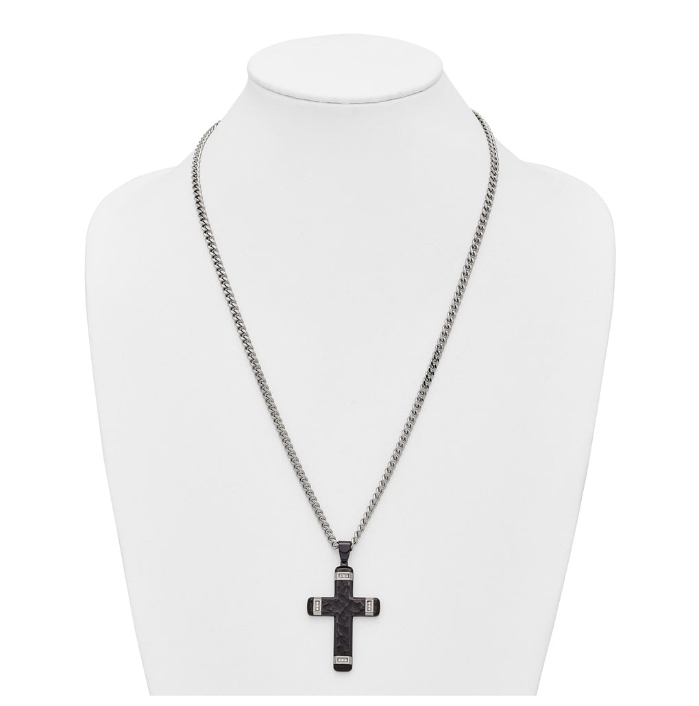Stainless Steel Polished Hammered Black IP Cubic Zirconia Cross with 2.5in ext. Necklace – Elegant Jewelry Gift for Birthday, Anniversary, Engagement, Wedding