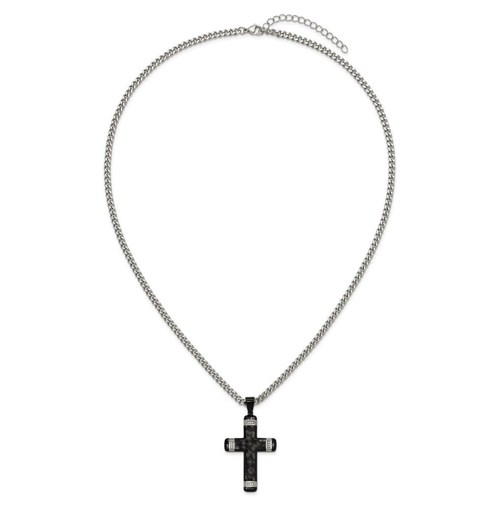 Stainless Steel Polished Hammered Black IP Cubic Zirconia Cross with 2.5in ext. Necklace – Elegant Jewelry Gift for Birthday, Anniversary, Engagement, Wedding