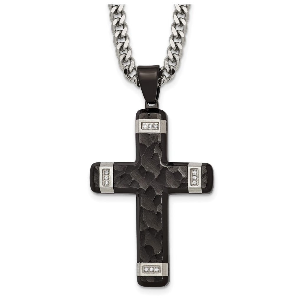 Stainless Steel Polished Hammered Black IP Cubic Zirconia Cross with 2.5in ext. Necklace – Elegant Jewelry Gift for Birthday, Anniversary, Engagement, Wedding