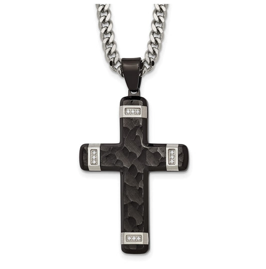 Stainless Steel Polished Hammered Black IP Cubic Zirconia Cross with 2.5in ext. Necklace – Elegant Jewelry Gift for Birthday, Anniversary, Engagement, Wedding