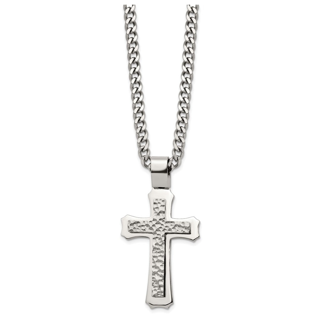 Stainless Steel Polished and Hammered Cross 24in with 2in ext. Necklace – Elegant Jewelry Gift for Birthday, Anniversary, Engagement, Wedding