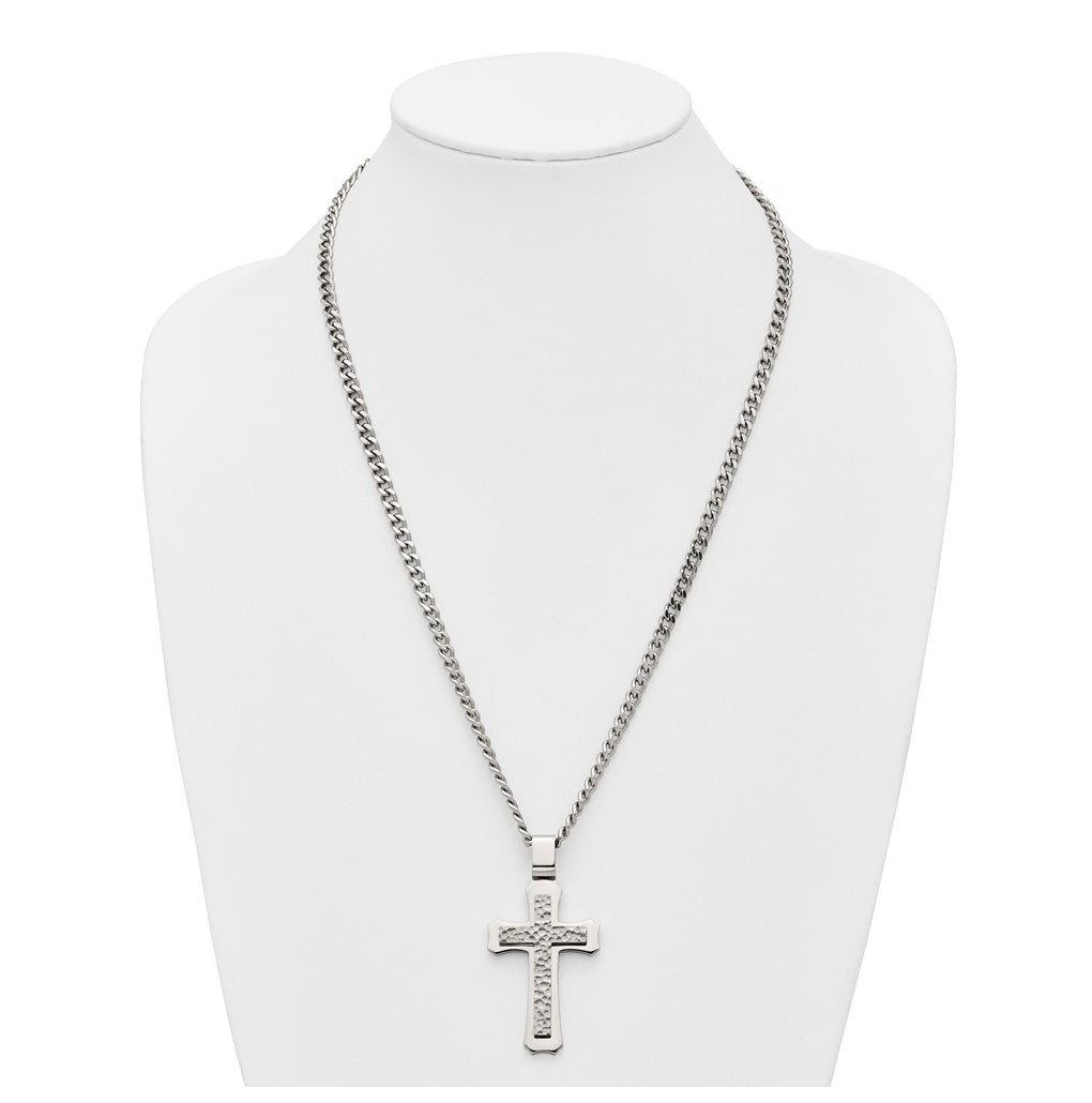 Stainless Steel Polished and Hammered Cross 24in with 2in ext. Necklace – Elegant Jewelry Gift for Birthday, Anniversary, Engagement, Wedding