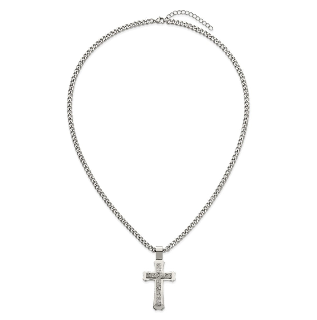 Stainless Steel Polished and Hammered Cross 24in with 2in ext. Necklace – Elegant Jewelry Gift for Birthday, Anniversary, Engagement, Wedding