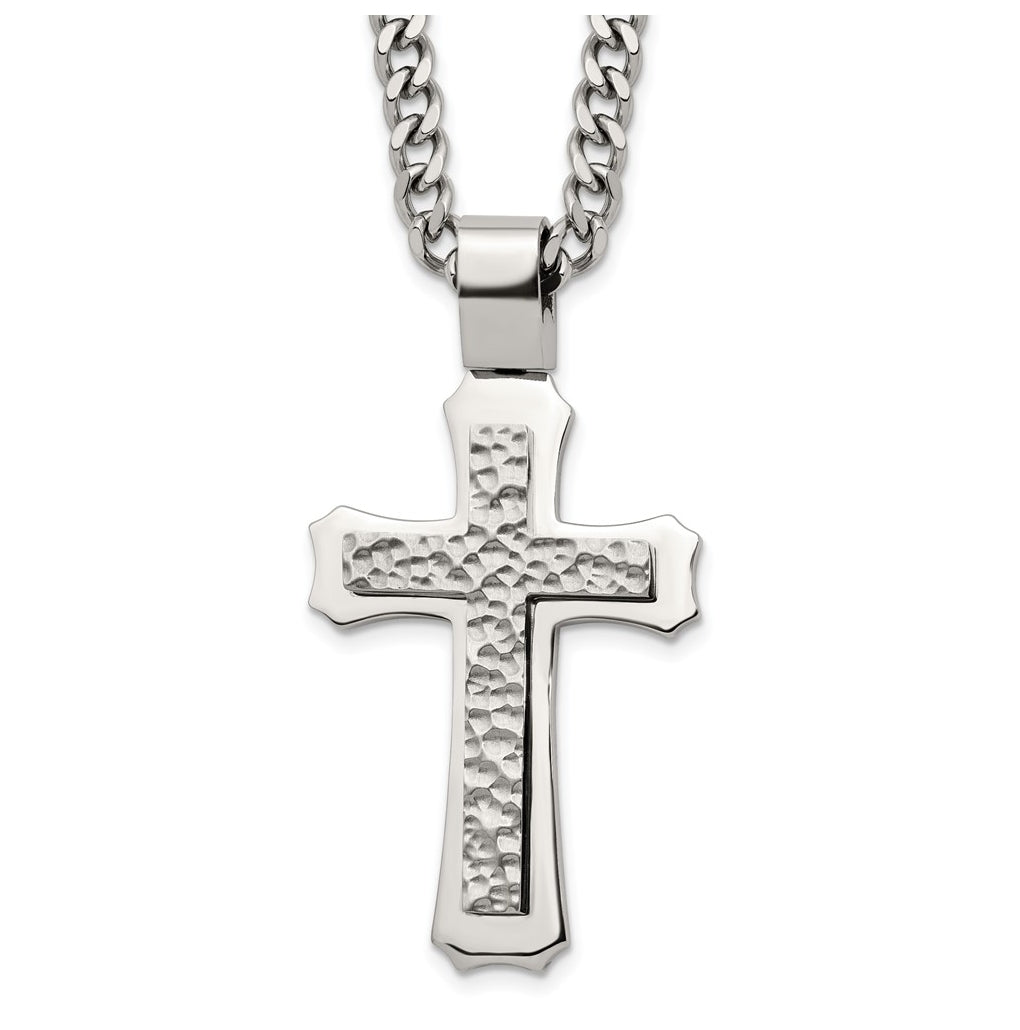 Stainless Steel Polished and Hammered Cross 24in with 2in ext. Necklace – Elegant Jewelry Gift for Birthday, Anniversary, Engagement, Wedding