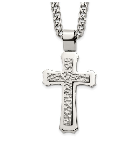 Stainless Steel Polished and Hammered Cross 24in with 2in ext. Necklace – Elegant Jewelry Gift for Birthday, Anniversary, Engagement, Wedding