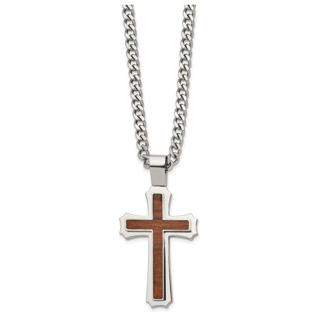Stainless Steel Polished with Wood Inlay Cross 24in with 2.5in ext. Necklace – Elegant Jewelry Gift for Birthday, Anniversary, Engagement, Wedding
