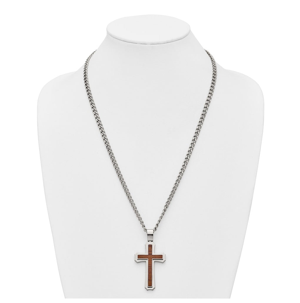 Stainless Steel Polished with Wood Inlay Cross 24in with 2.5in ext. Necklace – Elegant Jewelry Gift for Birthday, Anniversary, Engagement, Wedding