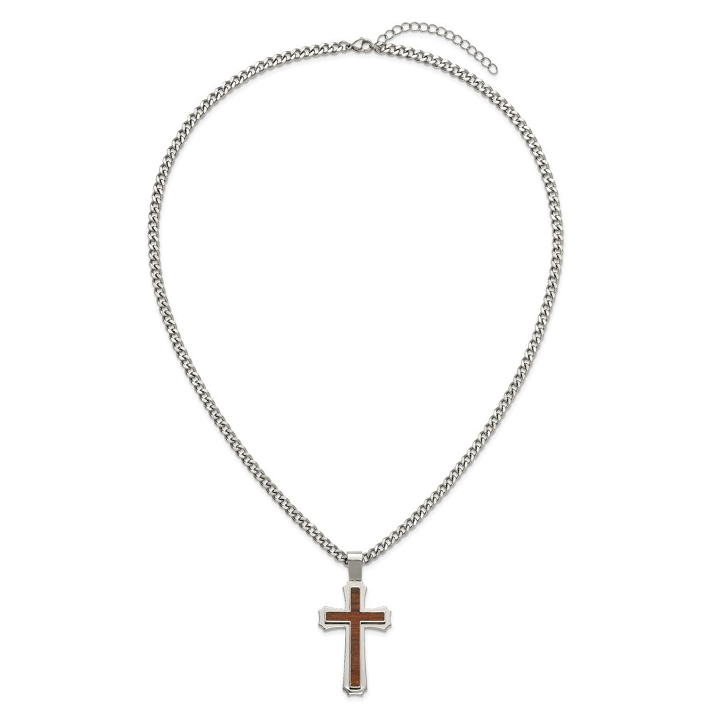 Stainless Steel Polished with Wood Inlay Cross 24in with 2.5in ext. Necklace – Elegant Jewelry Gift for Birthday, Anniversary, Engagement, Wedding