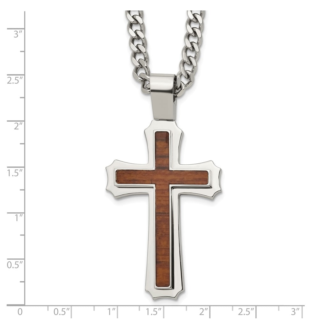 Stainless Steel Polished with Wood Inlay Cross 24in with 2.5in ext. Necklace – Elegant Jewelry Gift for Birthday, Anniversary, Engagement, Wedding