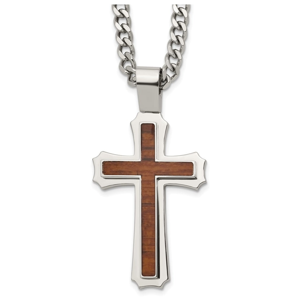 Stainless Steel Polished with Wood Inlay Cross 24in with 2.5in ext. Necklace – Elegant Jewelry Gift for Birthday, Anniversary, Engagement, Wedding