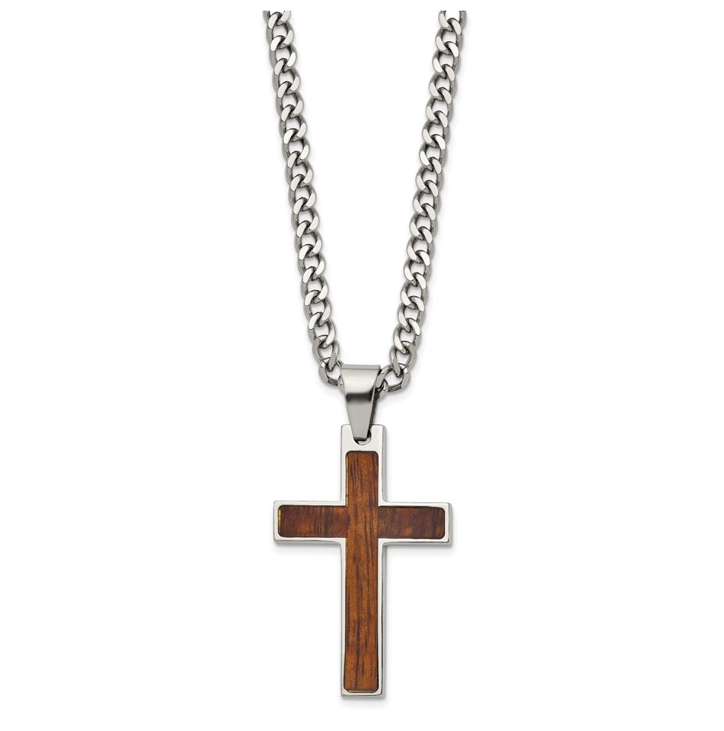 Stainless Steel Polished with Wood Inlay Cross 24in with 2in ext. Necklace – Elegant Jewelry Gift for Birthday, Anniversary, Engagement, Wedding
