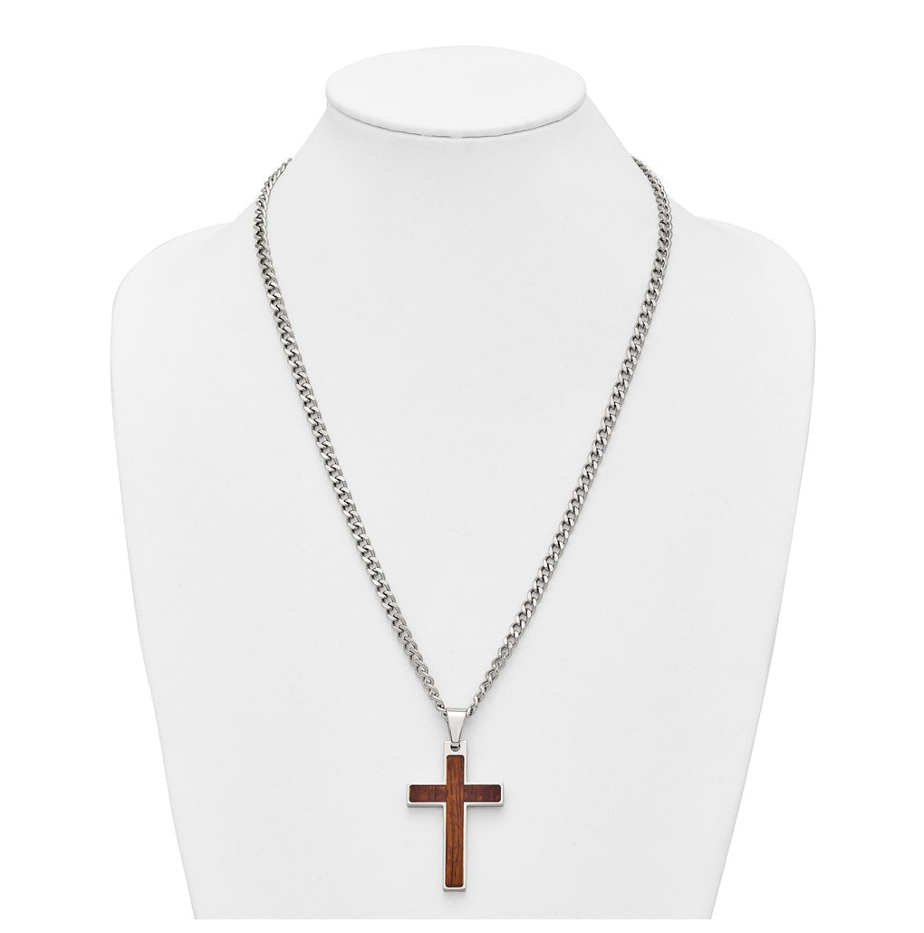 Stainless Steel Polished with Wood Inlay Cross 24in with 2in ext. Necklace – Elegant Jewelry Gift for Birthday, Anniversary, Engagement, Wedding