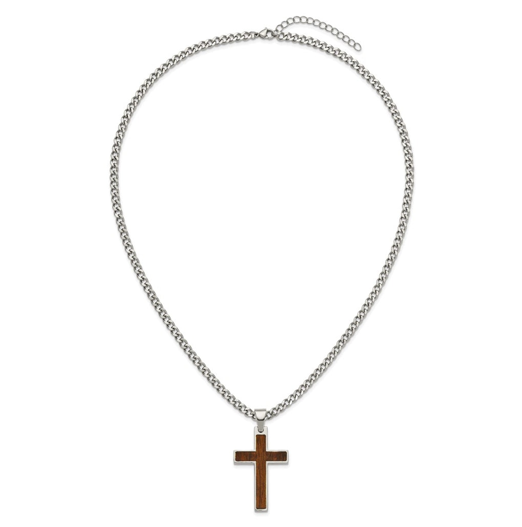 Stainless Steel Polished with Wood Inlay Cross 24in with 2in ext. Necklace – Elegant Jewelry Gift for Birthday, Anniversary, Engagement, Wedding