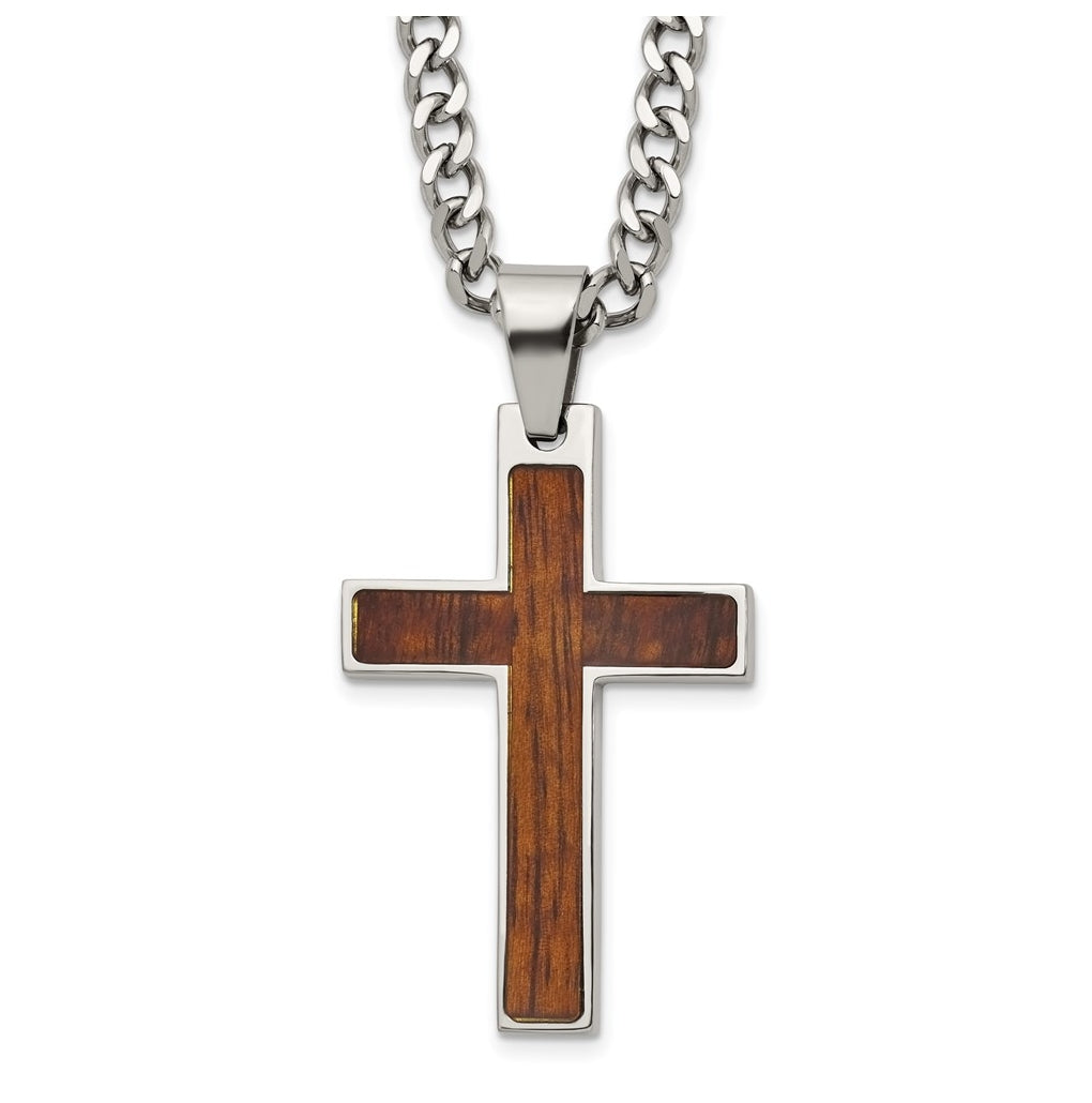 Stainless Steel Polished with Wood Inlay Cross 24in with 2in ext. Necklace – Elegant Jewelry Gift for Birthday, Anniversary, Engagement, Wedding