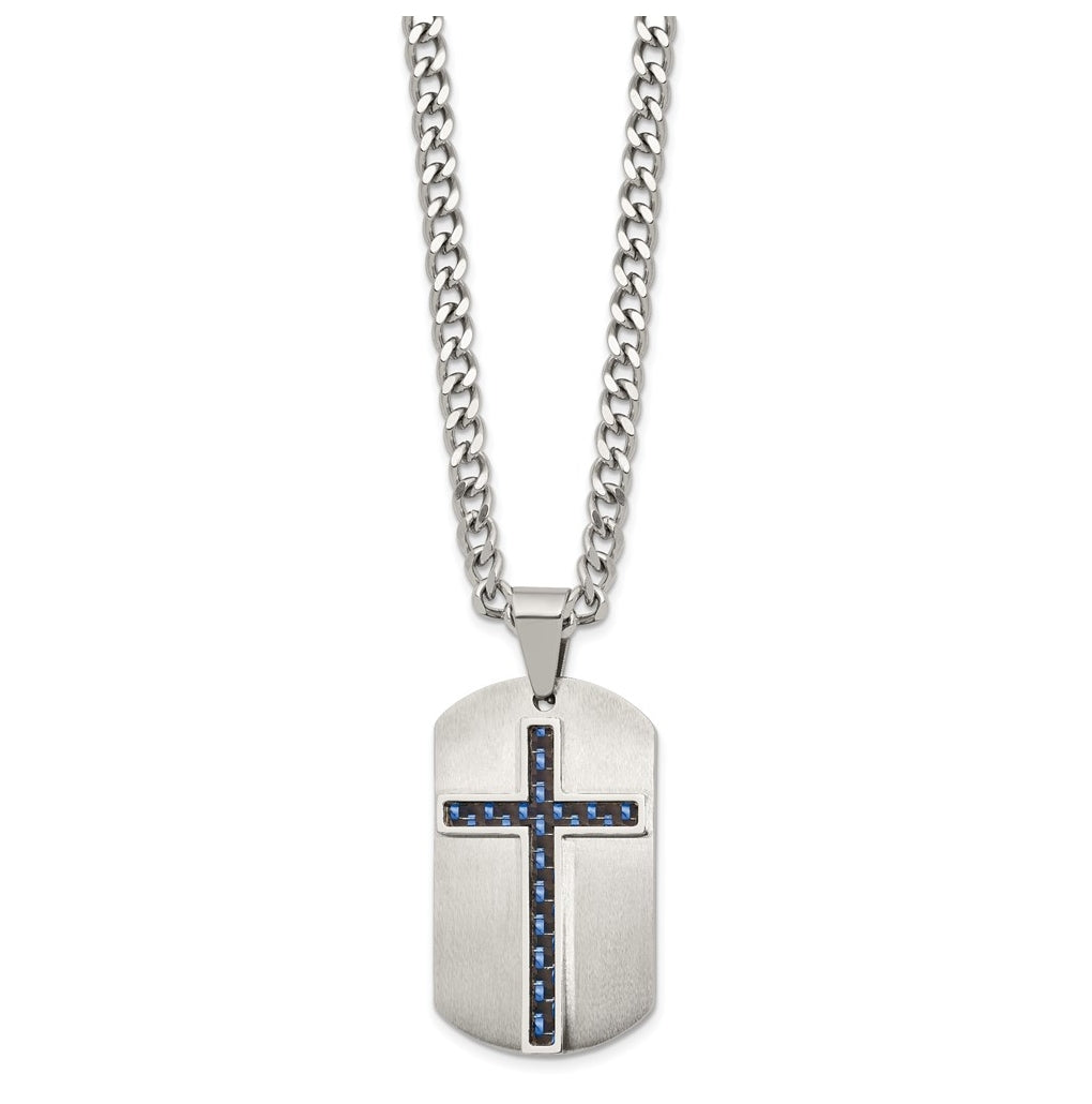 Stainless Steel Brushed Polished CarbonFiber Inlay Cross with 2in ext Necklace – Elegant Jewelry Gift for Birthday, Anniversary, Engagement, Wedding