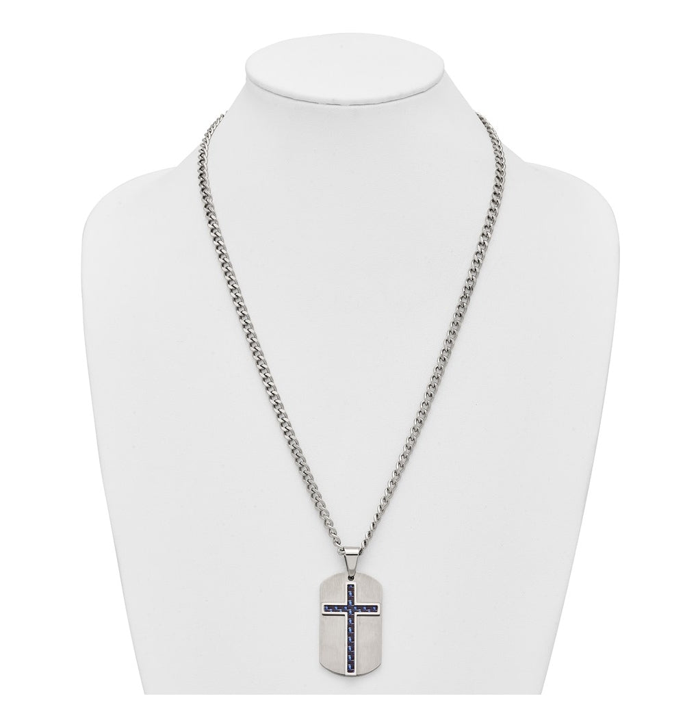 Stainless Steel Brushed Polished CarbonFiber Inlay Cross with 2in ext Necklace – Elegant Jewelry Gift for Birthday, Anniversary, Engagement, Wedding