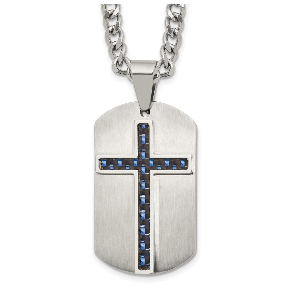 Stainless Steel Brushed Polished CarbonFiber Inlay Cross with 2in ext Necklace – Elegant Jewelry Gift for Birthday, Anniversary, Engagement, Wedding