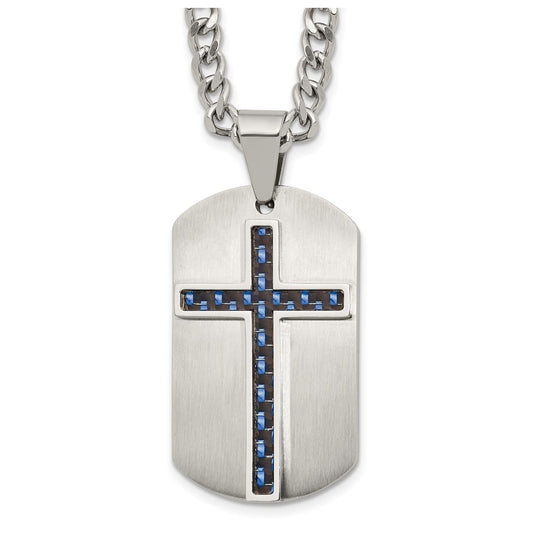 Stainless Steel Brushed Polished CarbonFiber Inlay Cross with 2in ext Necklace – Elegant Jewelry Gift for Birthday, Anniversary, Engagement, Wedding