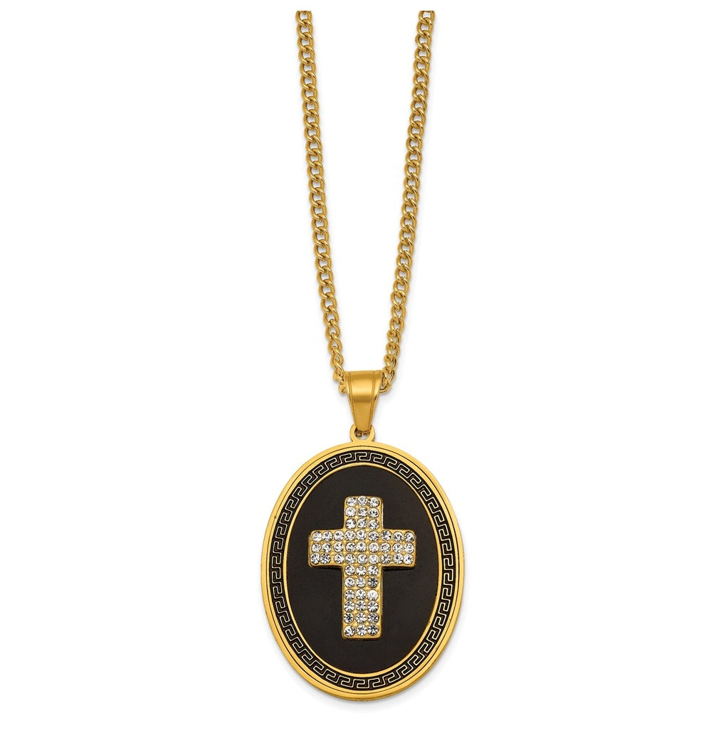 Stainless Steel Polished Yellow IP/Blk Enamel Crystal Oval Cross Necklace – Elegant Jewelry Gift for Birthday, Anniversary, Engagement, Wedding