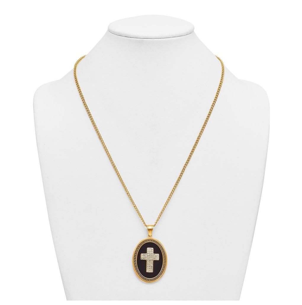 Stainless Steel Polished Yellow IP/Blk Enamel Crystal Oval Cross Necklace – Elegant Jewelry Gift for Birthday, Anniversary, Engagement, Wedding