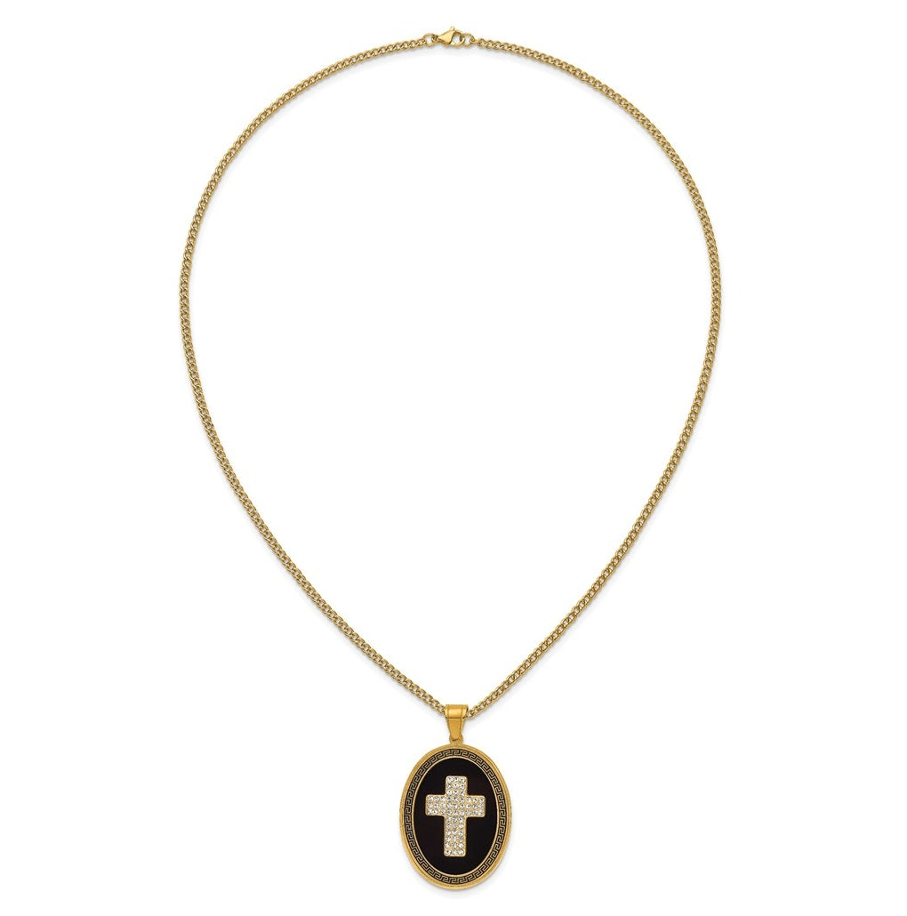 Stainless Steel Polished Yellow IP/Blk Enamel Crystal Oval Cross Necklace – Elegant Jewelry Gift for Birthday, Anniversary, Engagement, Wedding