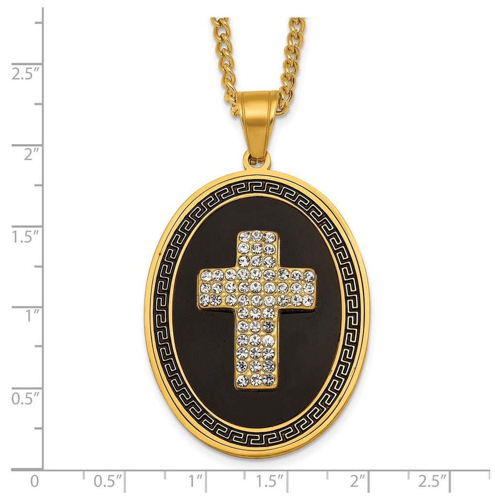 Stainless Steel Polished Yellow IP/Blk Enamel Crystal Oval Cross Necklace – Elegant Jewelry Gift for Birthday, Anniversary, Engagement, Wedding