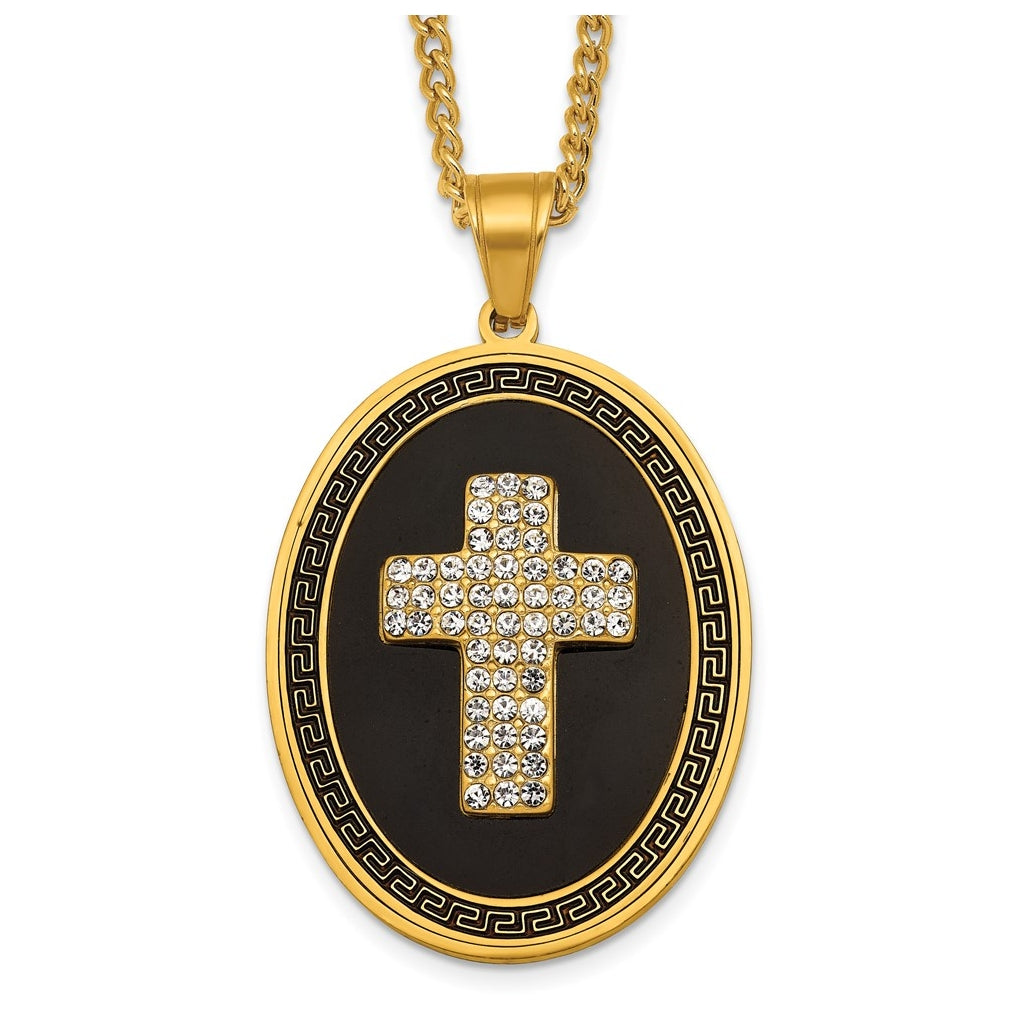 Stainless Steel Polished Yellow IP/Blk Enamel Crystal Oval Cross Necklace – Elegant Jewelry Gift for Birthday, Anniversary, Engagement, Wedding