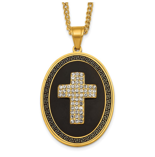 Stainless Steel Polished Yellow IP/Blk Enamel Crystal Oval Cross Necklace – Elegant Jewelry Gift for Birthday, Anniversary, Engagement, Wedding