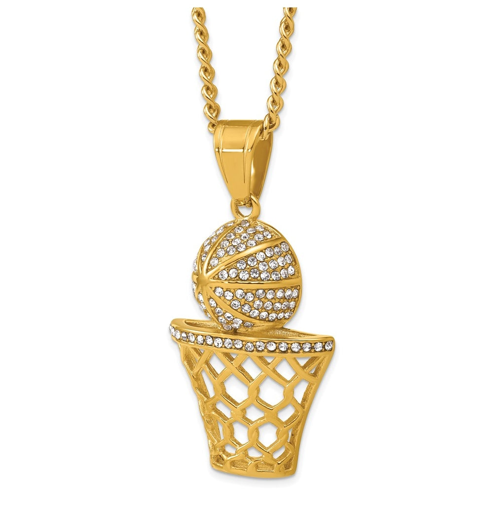 Stainless Steel Polished Yellow IP Crystal B-ball Hoop 24in Necklace – Elegant Jewelry Gift for Birthday, Anniversary, Engagement, Wedding