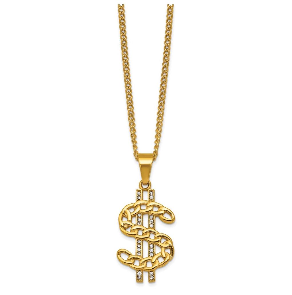 Stainless Steel Polished Yellow IP Crystal Dollar Sign 24in Necklace – Elegant Jewelry Gift for Birthday, Anniversary, Engagement, Wedding