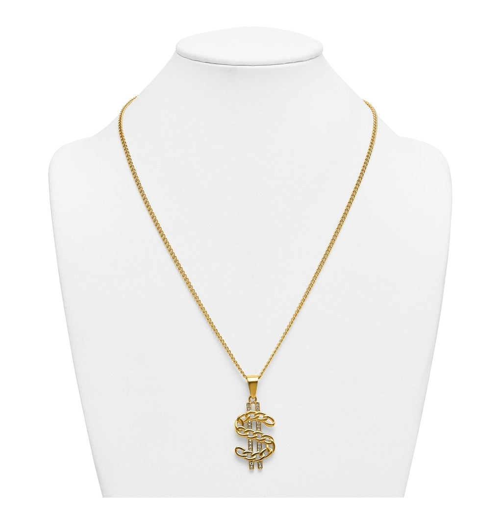 Stainless Steel Polished Yellow IP Crystal Dollar Sign 24in Necklace – Elegant Jewelry Gift for Birthday, Anniversary, Engagement, Wedding