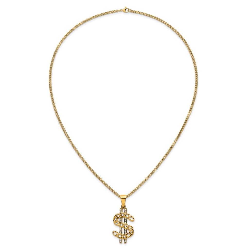 Stainless Steel Polished Yellow IP Crystal Dollar Sign 24in Necklace – Elegant Jewelry Gift for Birthday, Anniversary, Engagement, Wedding