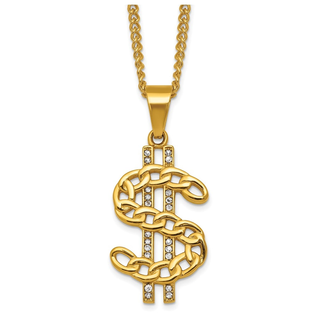 Stainless Steel Polished Yellow IP Crystal Dollar Sign 24in Necklace – Elegant Jewelry Gift for Birthday, Anniversary, Engagement, Wedding