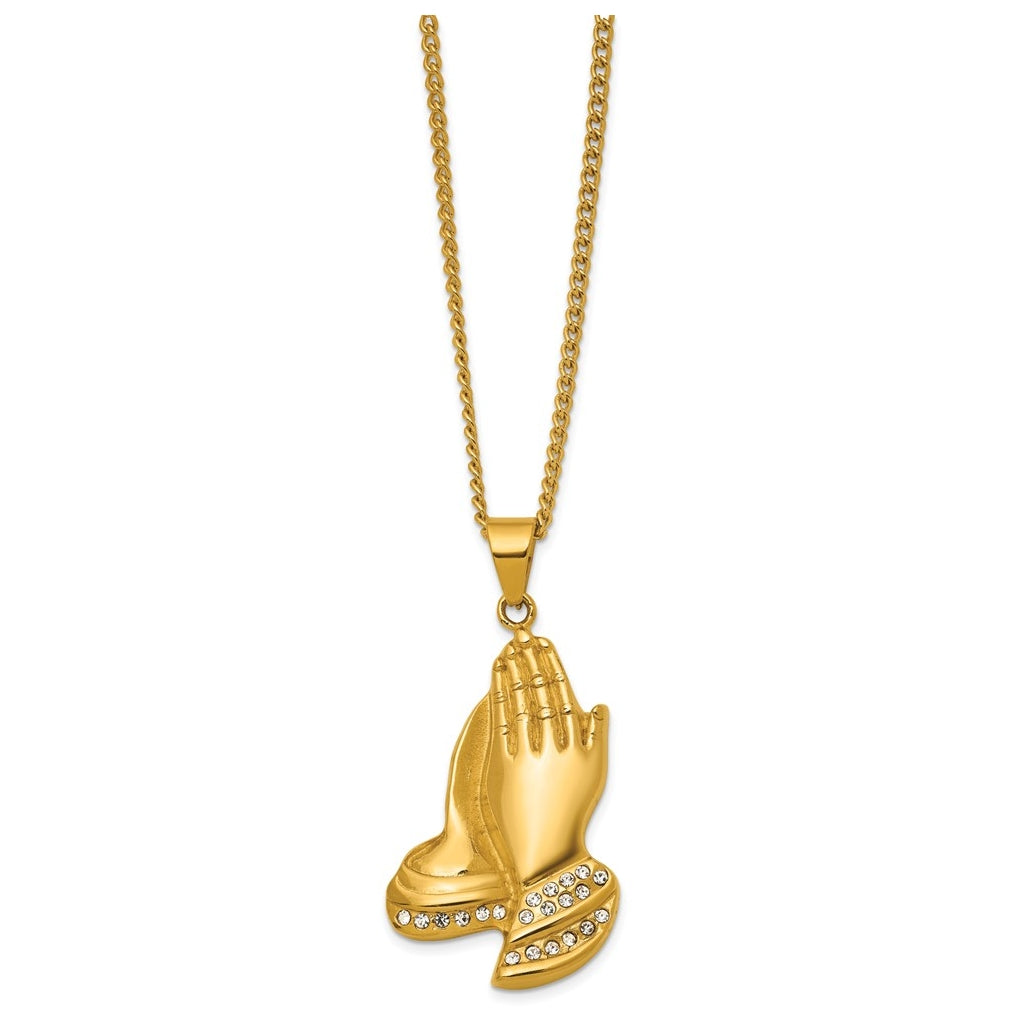 Stainless Steel Polished Yellow IP Crystal Prayer Hands 24in Necklace – Elegant Jewelry Gift for Birthday, Anniversary, Engagement, Wedding