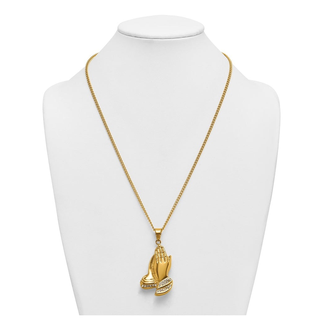 Stainless Steel Polished Yellow IP Crystal Prayer Hands 24in Necklace – Elegant Jewelry Gift for Birthday, Anniversary, Engagement, Wedding