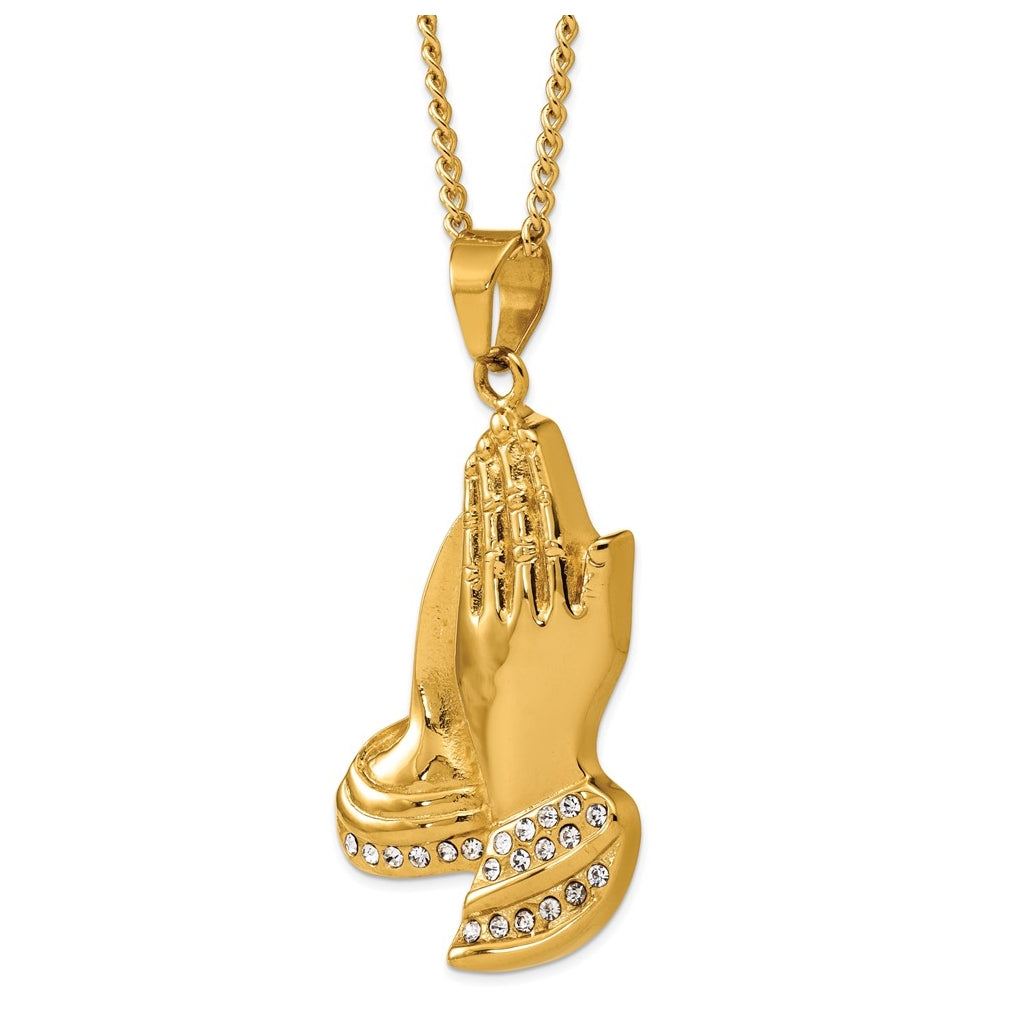 Stainless Steel Polished Yellow IP Crystal Prayer Hands 24in Necklace – Elegant Jewelry Gift for Birthday, Anniversary, Engagement, Wedding