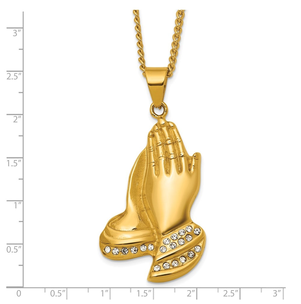 Stainless Steel Polished Yellow IP Crystal Prayer Hands 24in Necklace – Elegant Jewelry Gift for Birthday, Anniversary, Engagement, Wedding