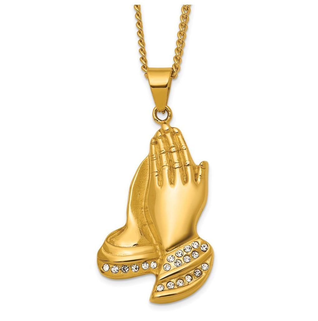 Stainless Steel Polished Yellow IP Crystal Prayer Hands 24in Necklace – Elegant Jewelry Gift for Birthday, Anniversary, Engagement, Wedding