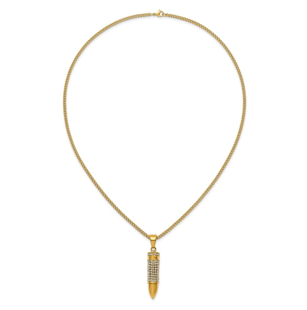 Stainless Steel Polished Yellow IP-plated Crystal Bullet 24in Necklace – Elegant Jewelry Gift for Birthday, Anniversary, Engagement, Wedding