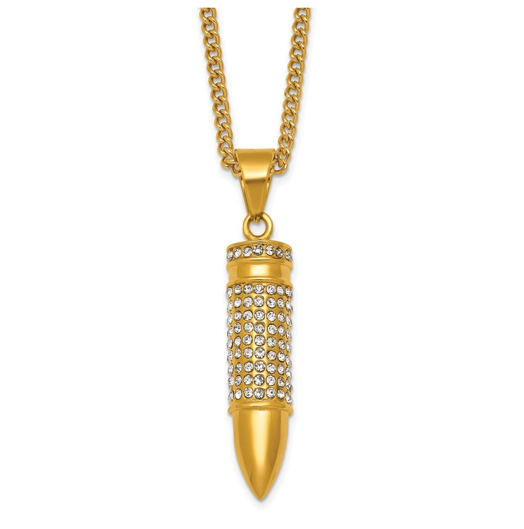 Stainless Steel Polished Yellow IP-plated Crystal Bullet 24in Necklace – Elegant Jewelry Gift for Birthday, Anniversary, Engagement, Wedding