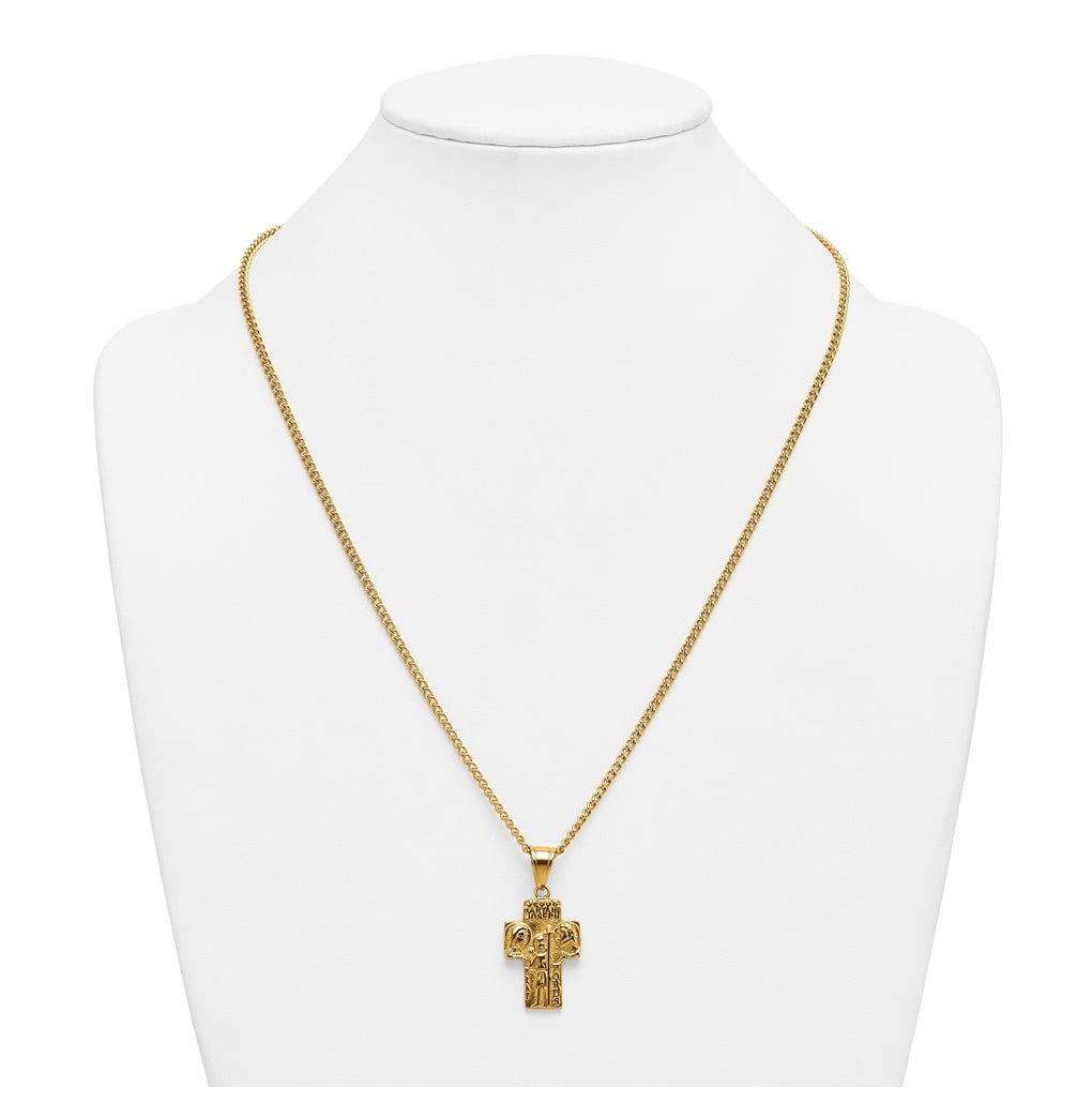 Stainless Steel Polished Yellow IP Jesus Mary Joseph Cross Necklace – Elegant Jewelry Gift for Birthday, Anniversary, Engagement, Wedding