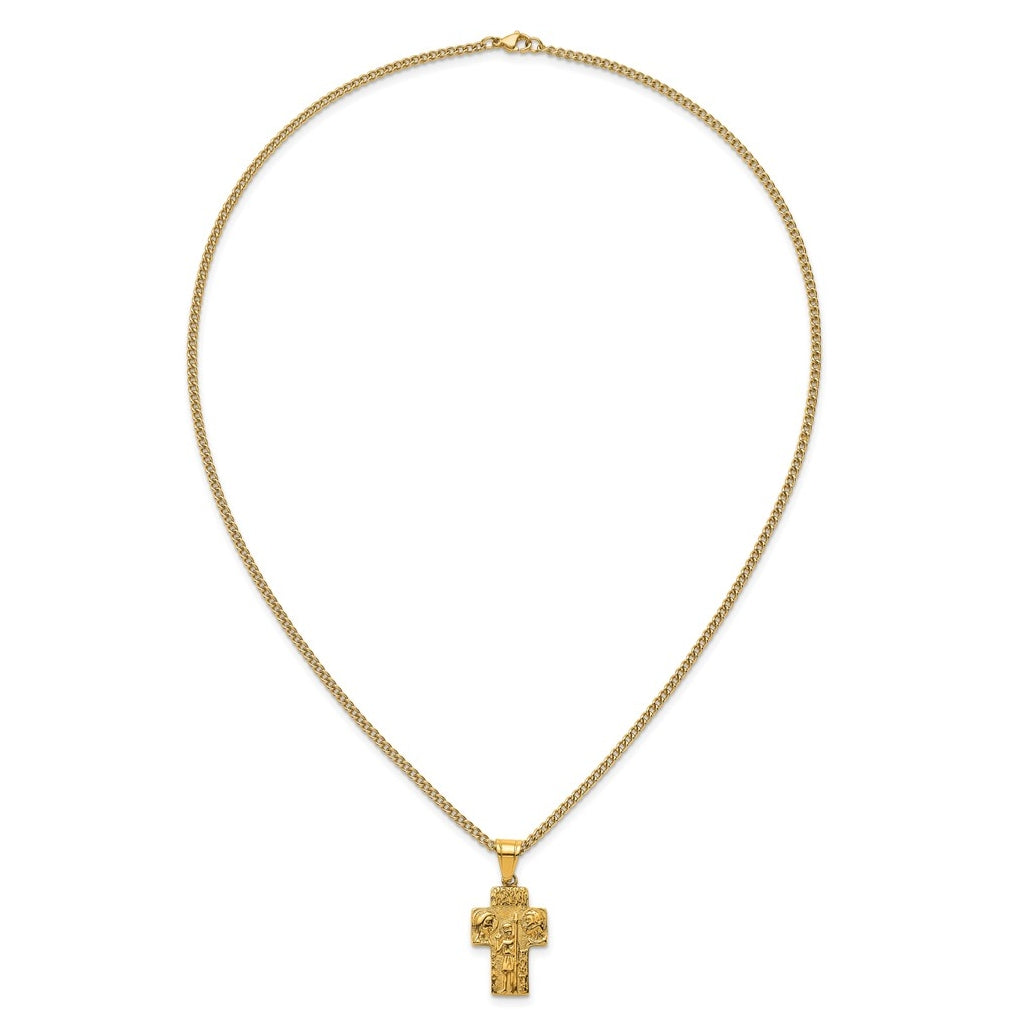 Stainless Steel Polished Yellow IP Jesus Mary Joseph Cross Necklace – Elegant Jewelry Gift for Birthday, Anniversary, Engagement, Wedding